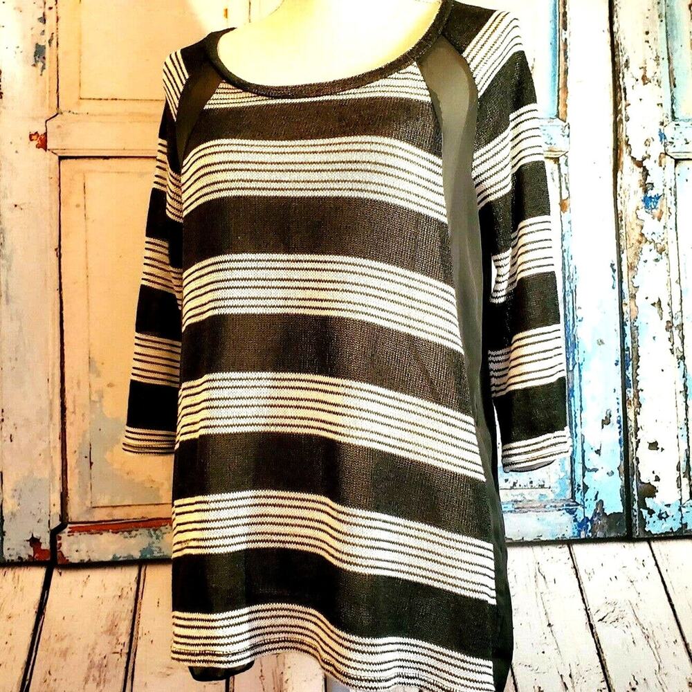 AB Studio Knit Top Size M Black & White Stripes Sheer Back & Details Boho